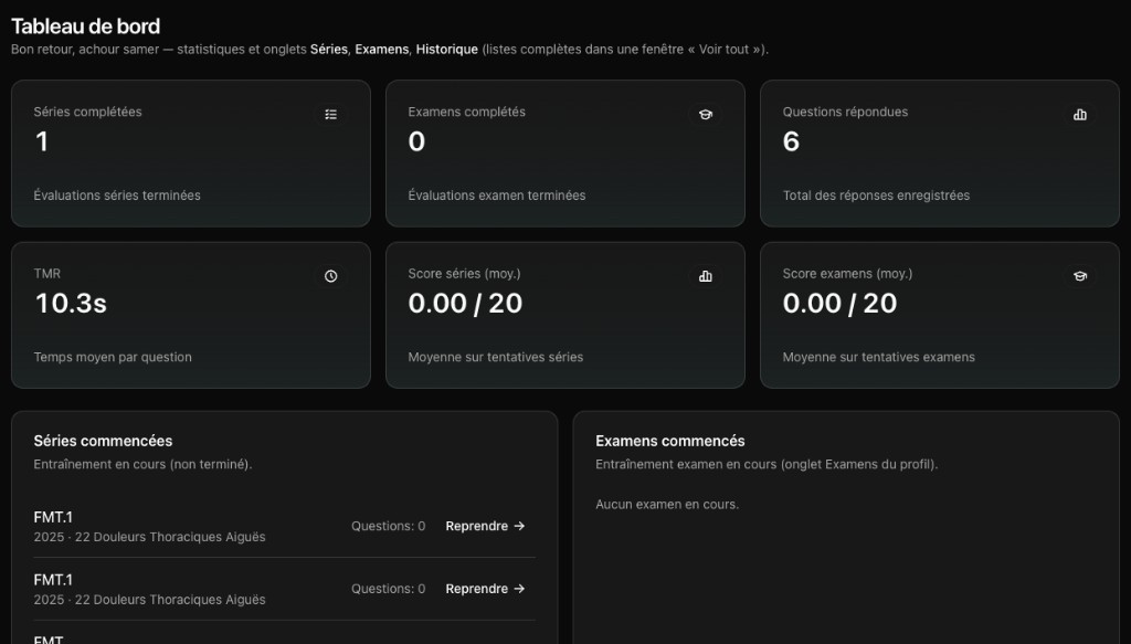 Tableau de bord MedBridge : statistiques, séries et examens